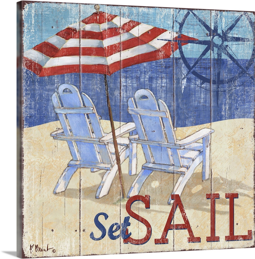 A pair of adirondack chairs on a sandy beach on a faux wood background.