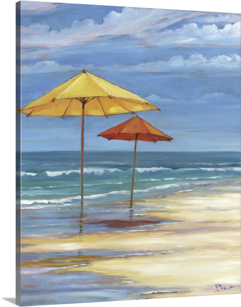 Seascape with a sandy beach and two umbrellas under a cloudy sky.