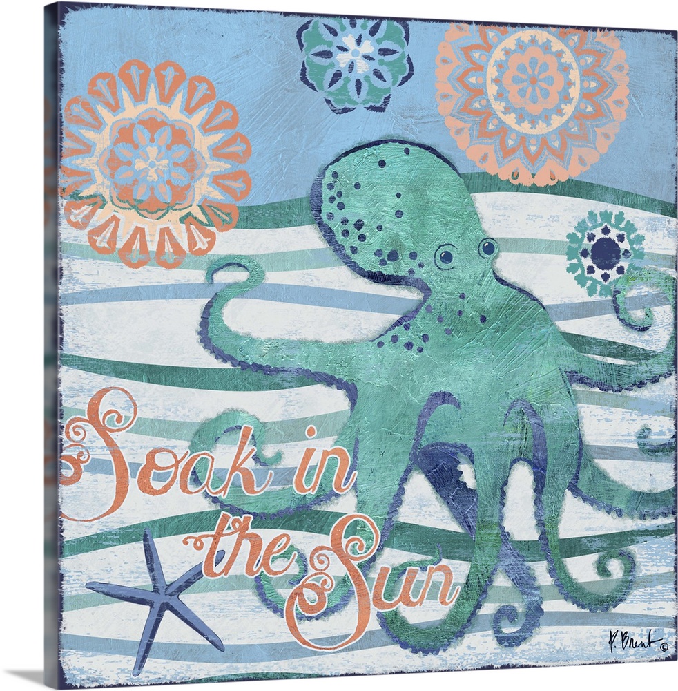 Contemporary decorative artwork of an octopus on a stylized wave background with sea life elements.