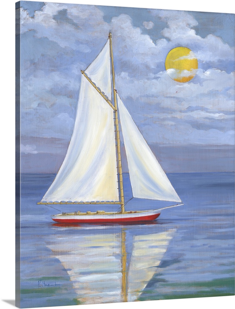 Contemporary painting of a single sailboat on calm waters with the sun in the sky.
