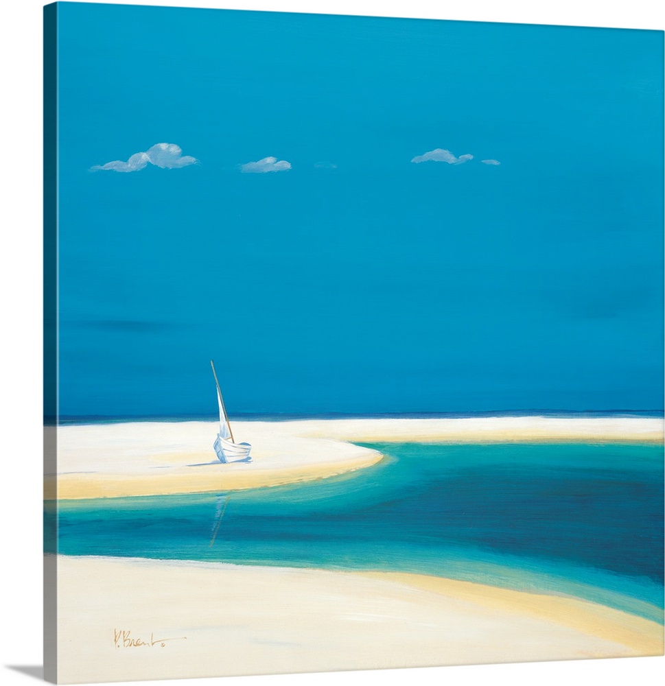 Contemporary painting of an empty beach with only an umbrella.