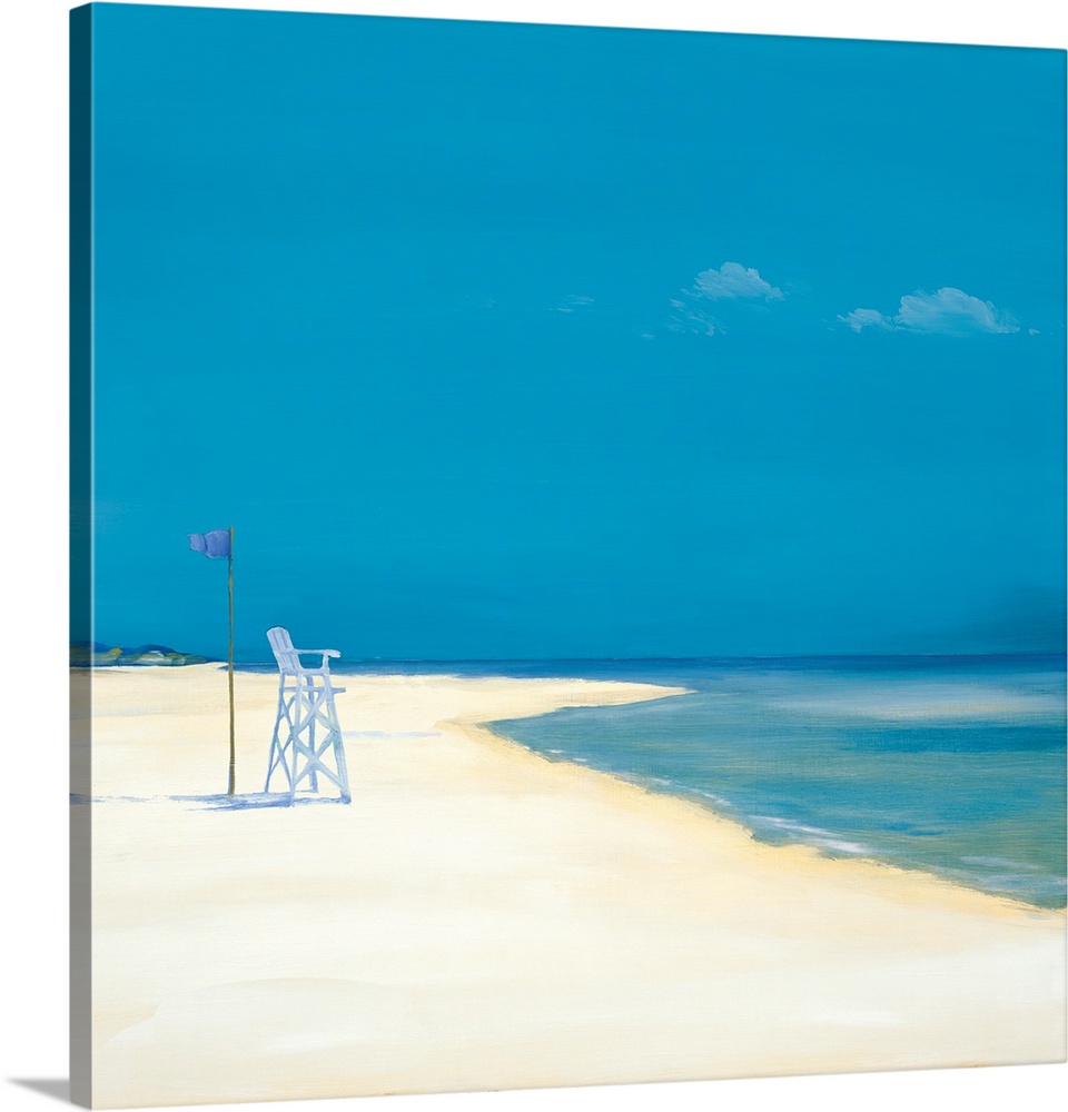 Contemporary painting of a tranquil beach with a lifeguard post on the shore.