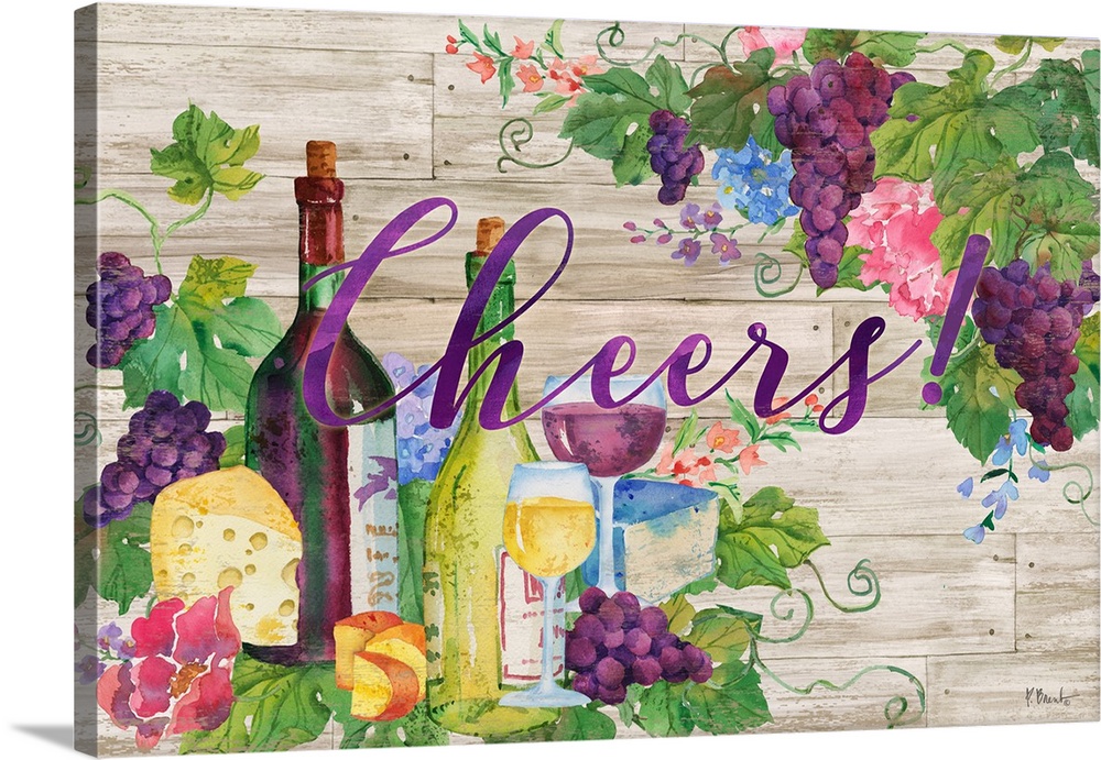 "Cheers!" written in purple over a painting of wine, cheese, grapes, flowers, and leaves.