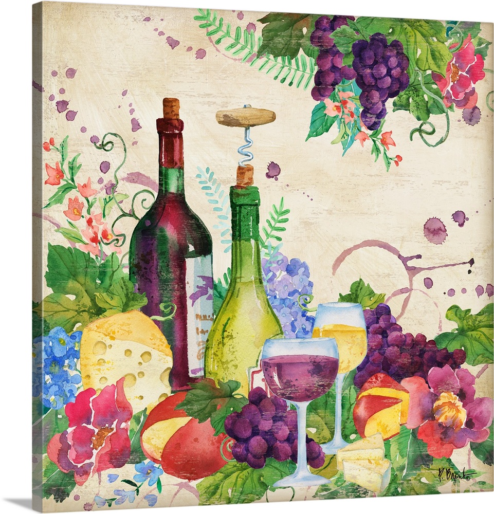 Square decor with watercolor painted wine bottles, grapes, cheese, flowers, and greenery on a beige background.