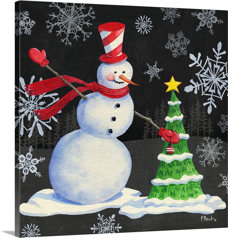 Cute artwork of a jolly snowman surrounded by snowflakes, decorating a tree.