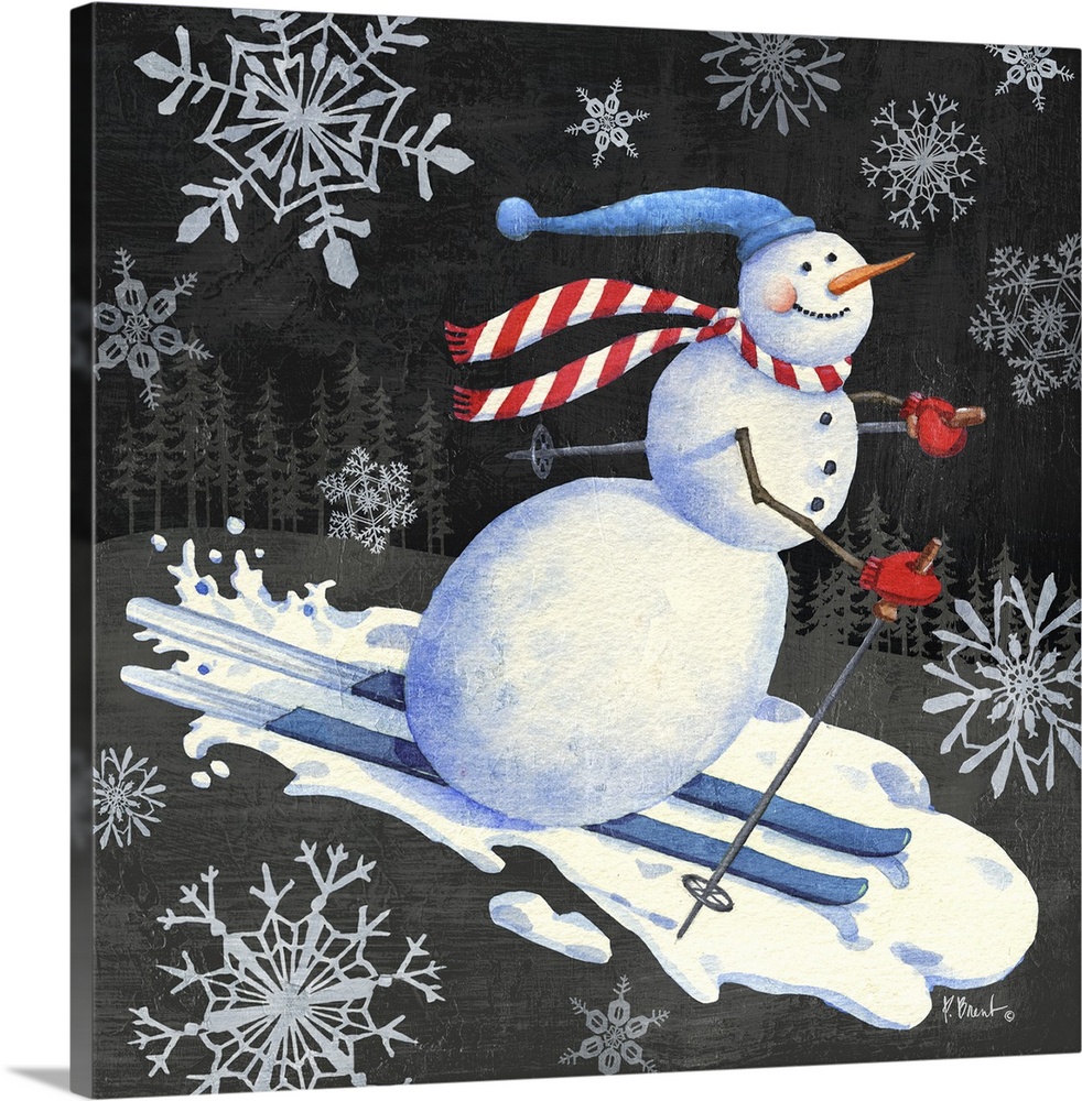 Cute artwork of a jolly snowman surrounded by snowflakes, skiing.