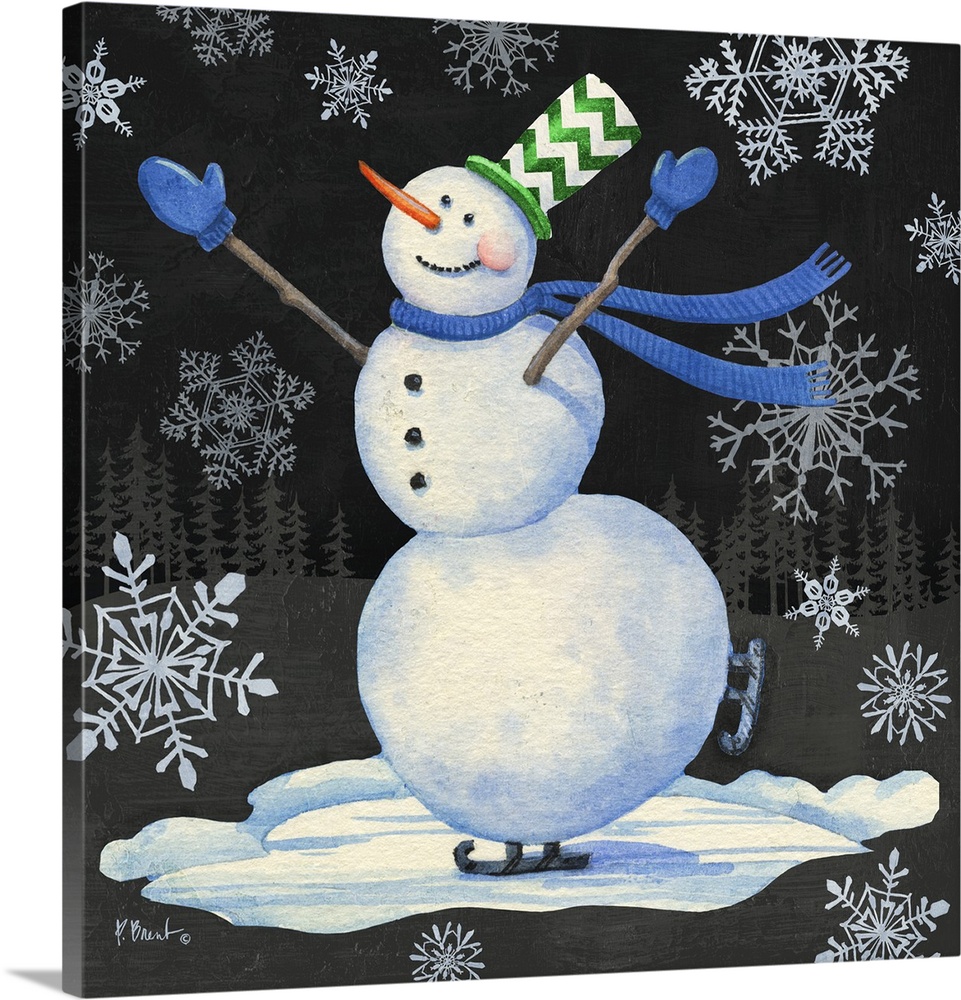 Cute artwork of a jolly snowman surrounded by snowflakes, ice skating.