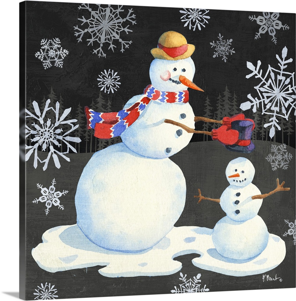 Cute illustration of a snowman having fun in the snow.