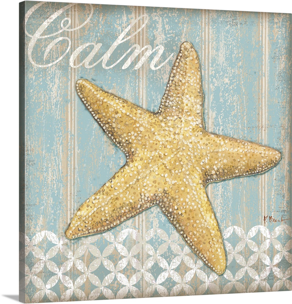 Pastel toned painting of a star fish with the word Calm.