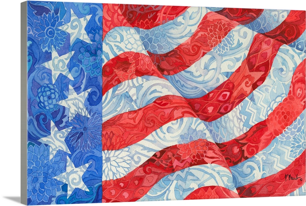 Waving American flag with swirling patterns hidden in the stars and stripes.