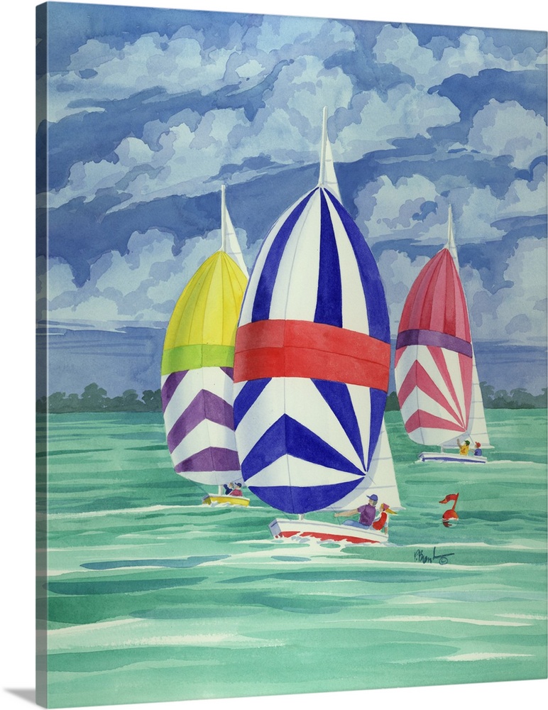 Contemporary painting of three spinnaker boats with striped sails on the water.