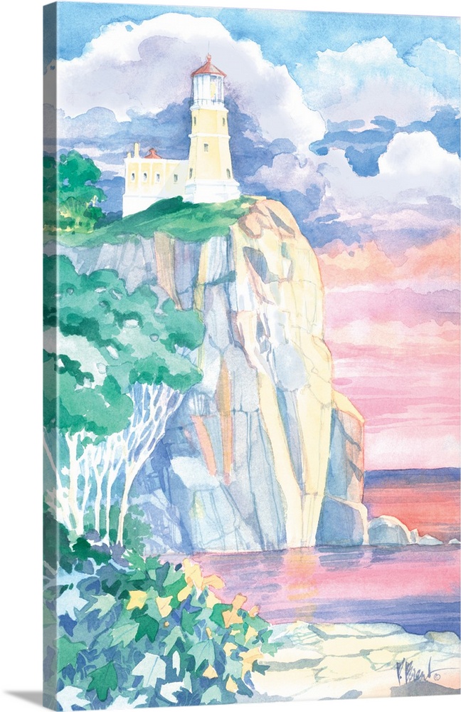 Watercolor painting of a lighthouse on a cliff at sunset on the Great Lakes.