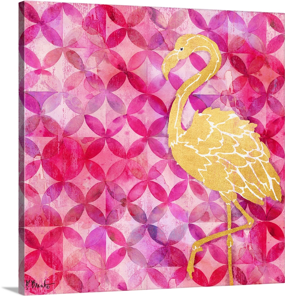 Square decor with a metallic gold flamingo on a pink and purple patterned background.