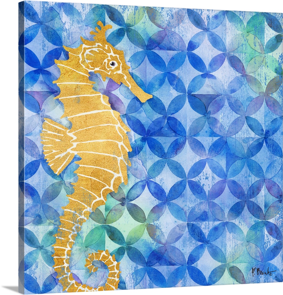 Square decor with a metallic gold seahorse on a blue patterned background with hints of green and putterer.