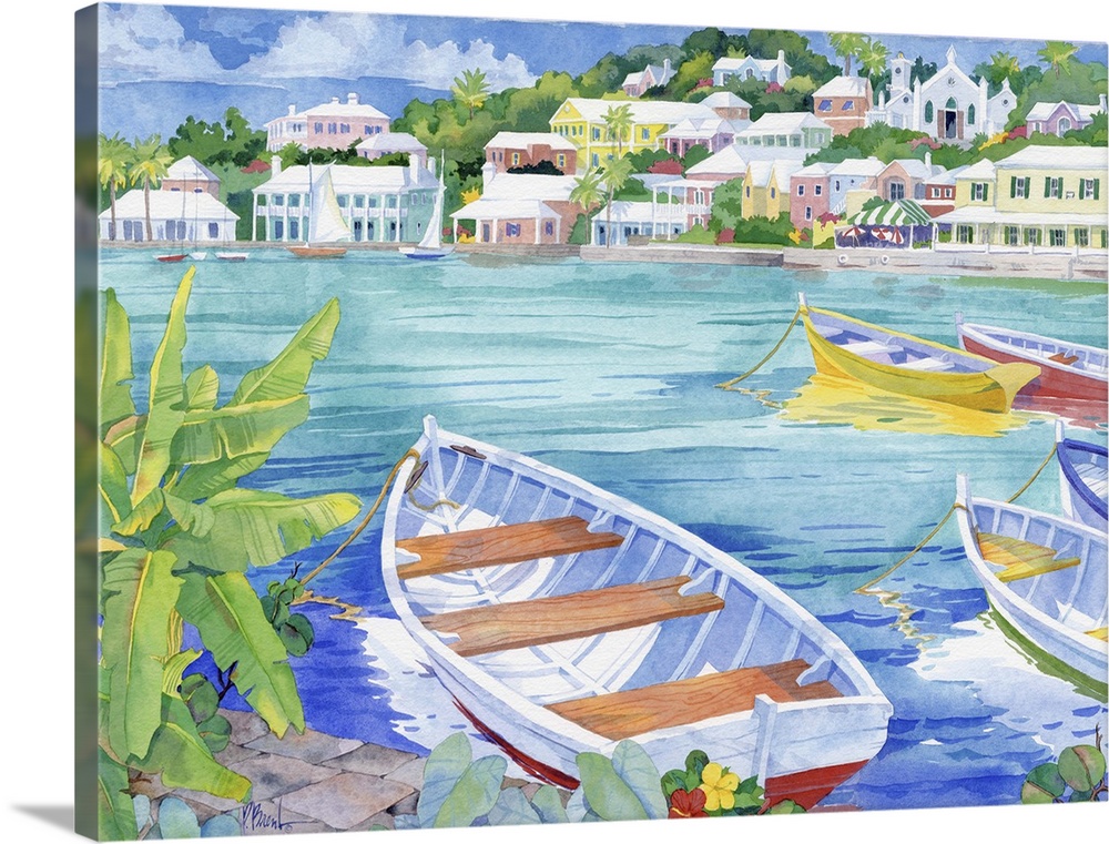 Painting of several boats docked in a tropical harbor.