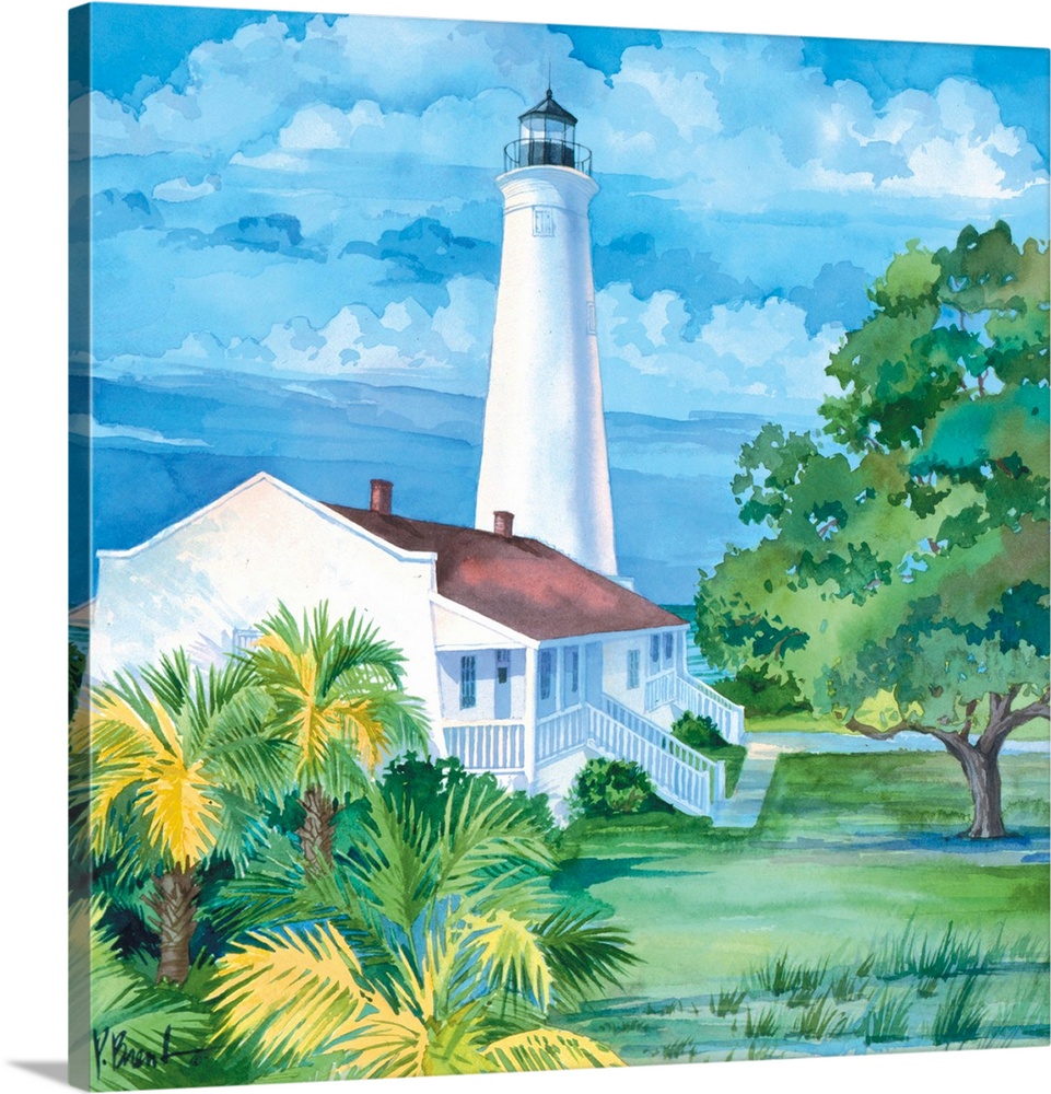 Watercolor painting of a lighthouse with an attached house near some palm trees in Florida.