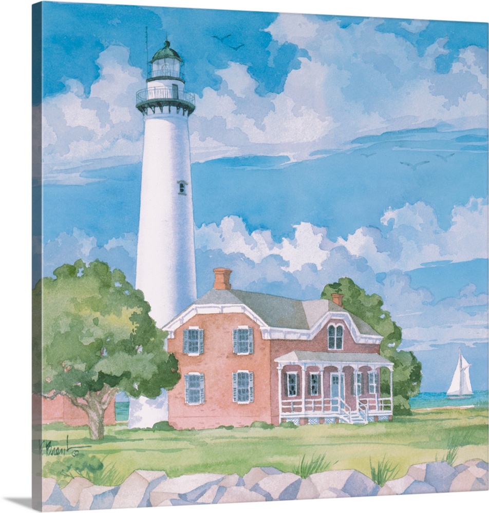 Contemporary painting of a lighthouse against a cloudy sky in Georgia.
