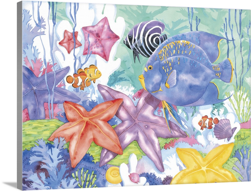 Contemporary painting of an underwater scene with starfish and tropical fish.
