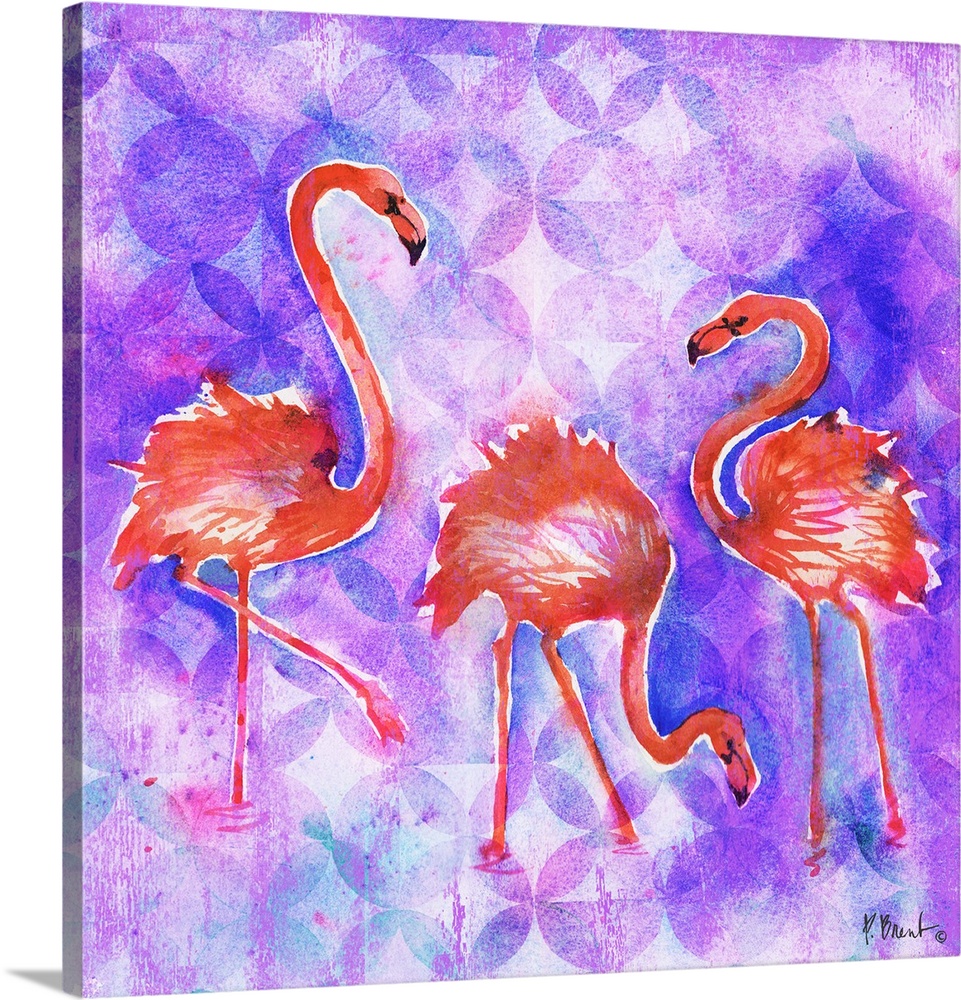 Square watercolor painting of three flamingos on a purple and pink patterned background.