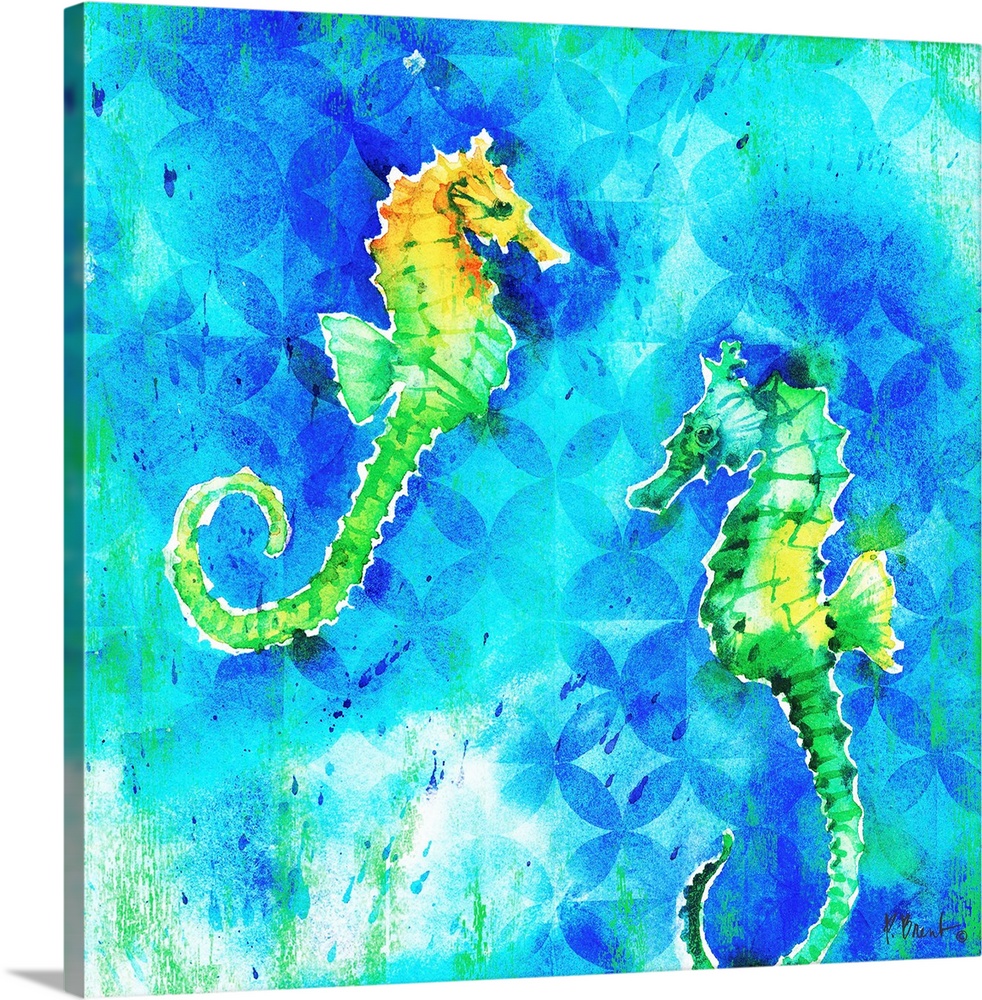 Square watercolor painting of two green and yellow seahorses on a blue and green patterned background.