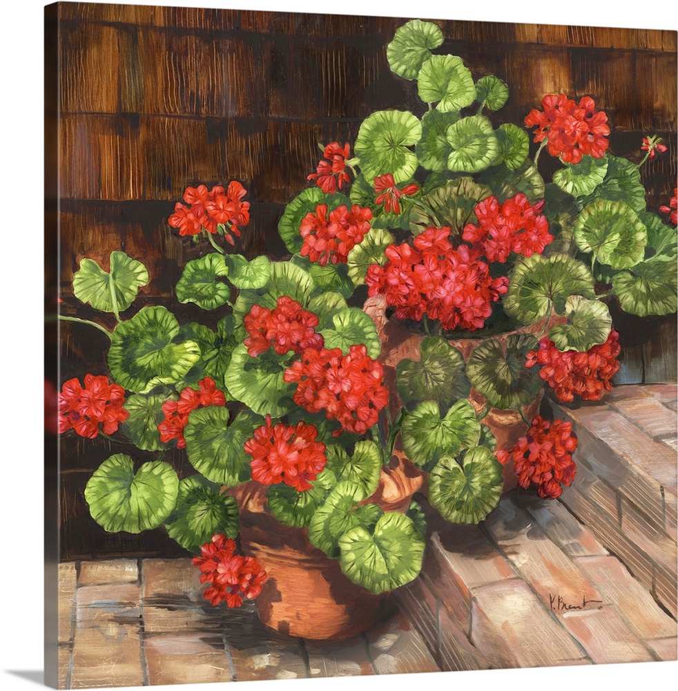 Contemporary painting of a group of potted geraniums on brick stairs.