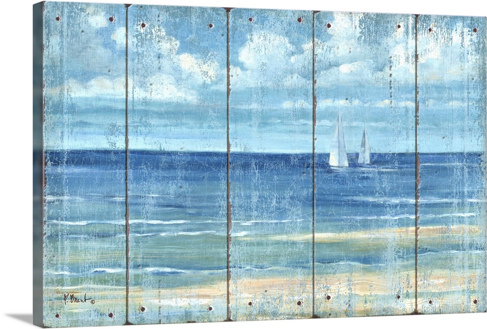 Contemporary artwork of two sailboats in the distance seen across the sea on a textured panel background.