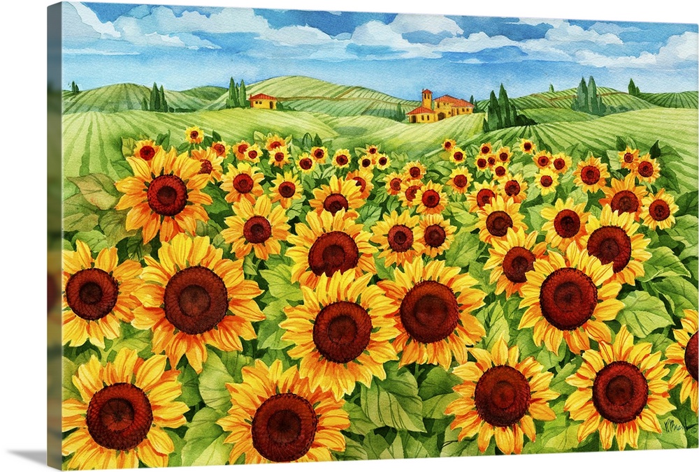 Contemporary painting of a field of sunflowers in the countryside.