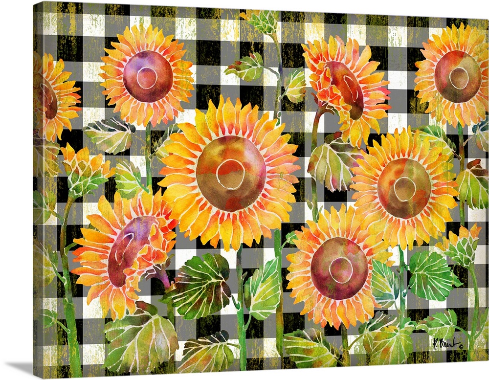 Watercolor artwork of sunflowers on a black and white checked background.
