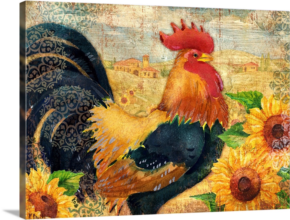 Painting of a rooster in a field of sunflowers with textured edges.