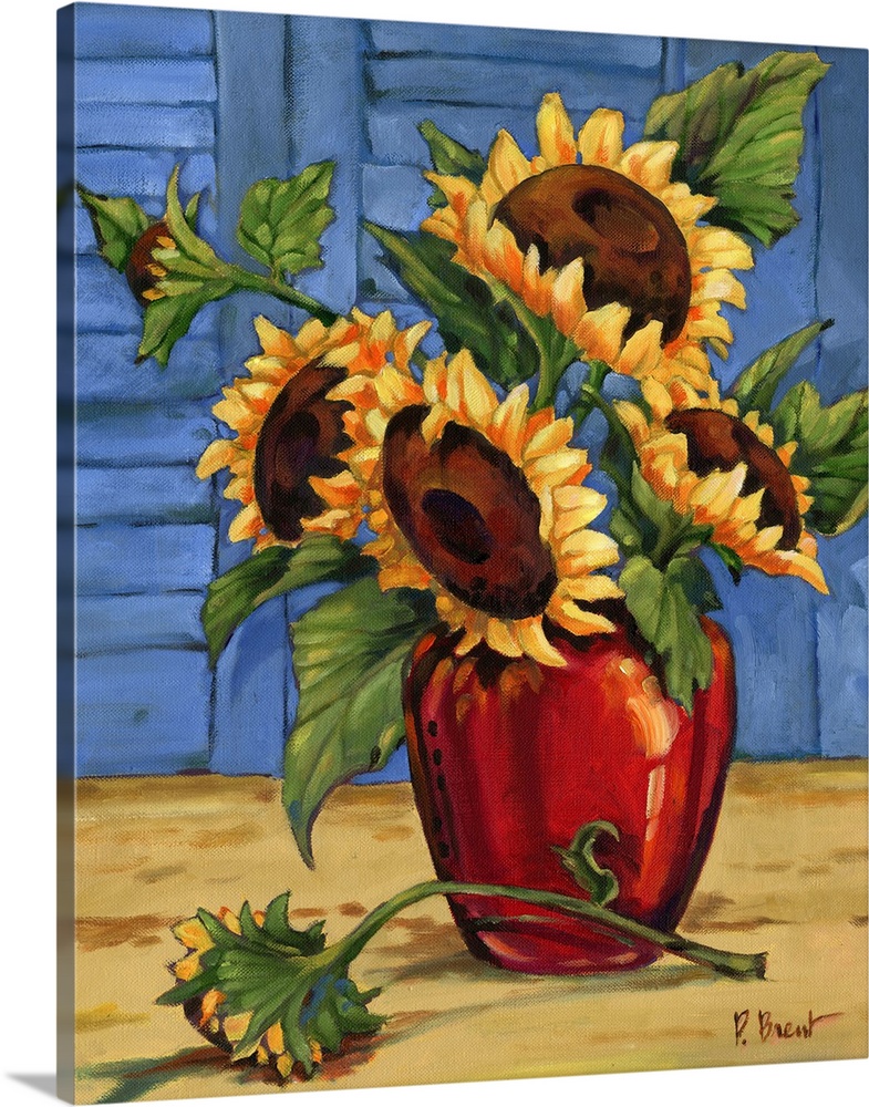 Still life painting of an arrangement of sunflowers in a red vase against window shutters.