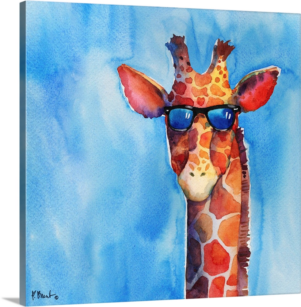Square watercolor painting of a giraffe wearing sunglasses on a blue background.