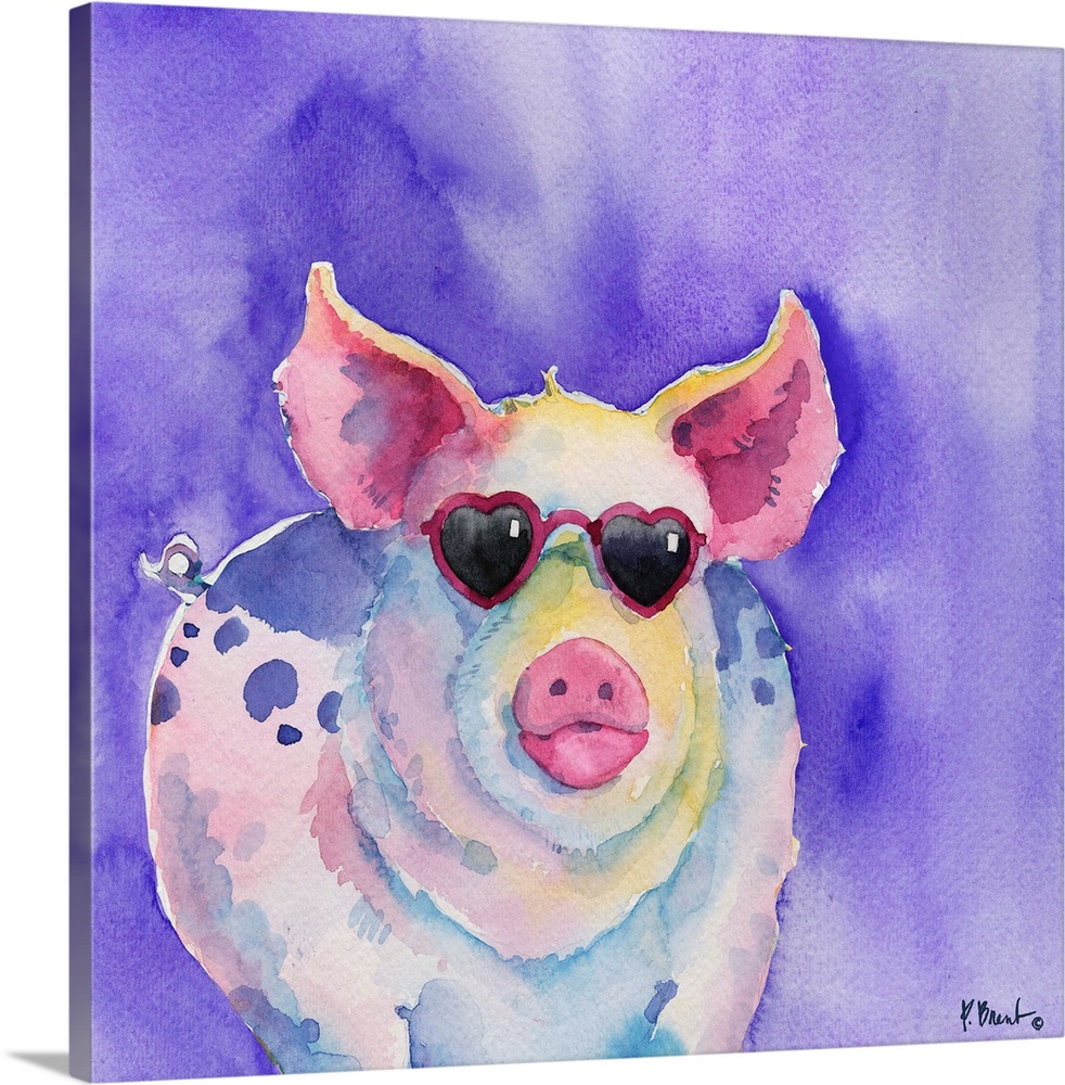 Square watercolor painting of a pig wearing pink heart shaped sunglasses on a purple background.