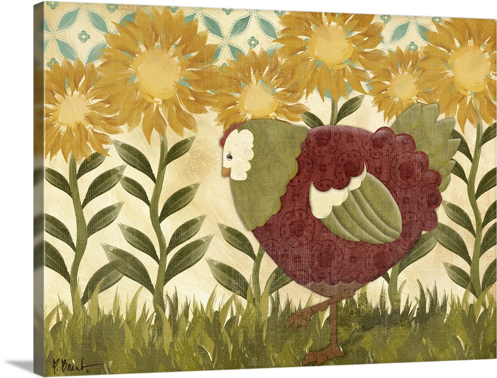 Folk art style illustration of a hen with a row of sunflowers.