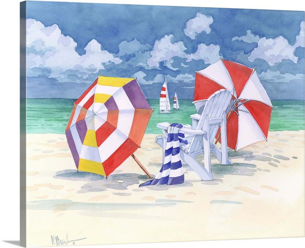 Watercolor painting of a beach scene with an adirondack chair, a towel, and two large sun umbrellas.