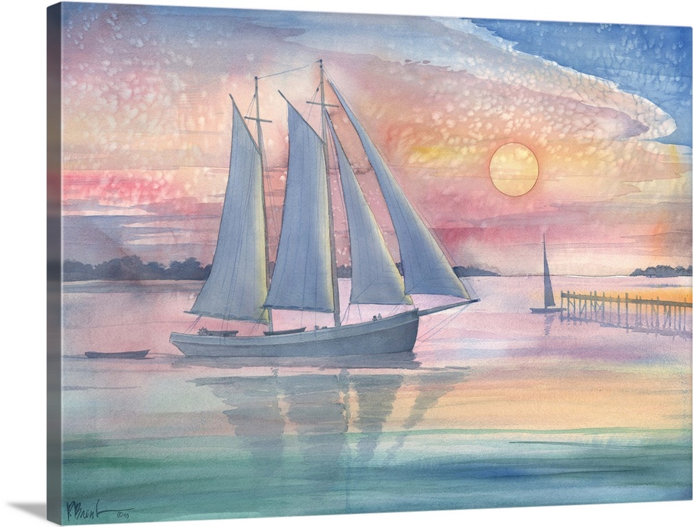 Watercolor painting of a sailboat at sunset by a pier.