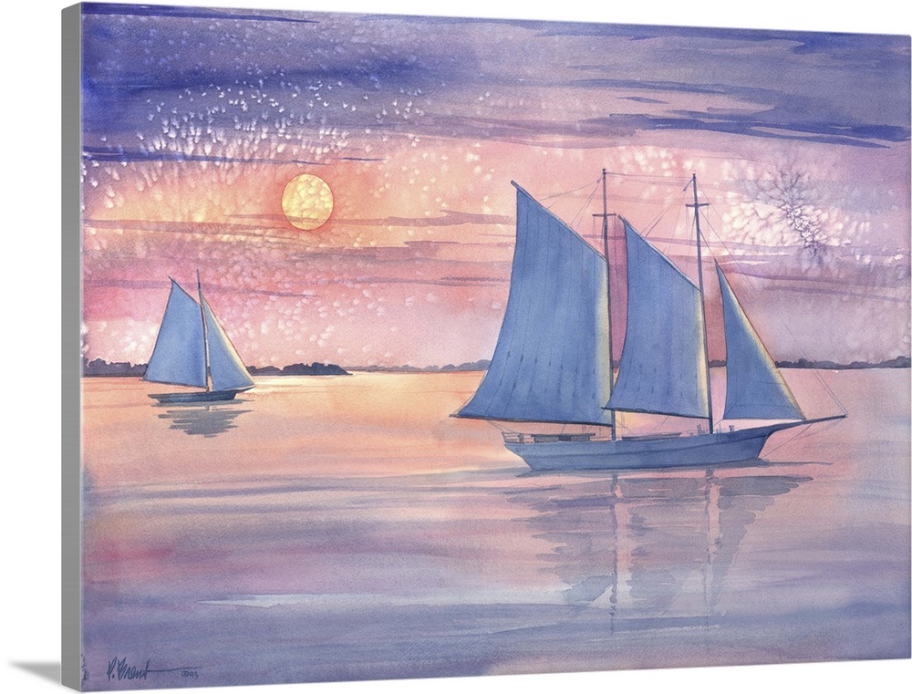 Watercolor painting of two sailboats at sunset.
