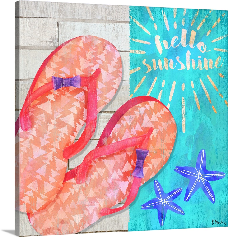 Square Summer decor with flip flops, starfish, and "hello sunshine" written at the top.