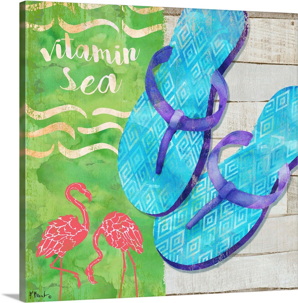 Square Summer decor with flip flops, flamingos, and "vitamin sea" written at the top.