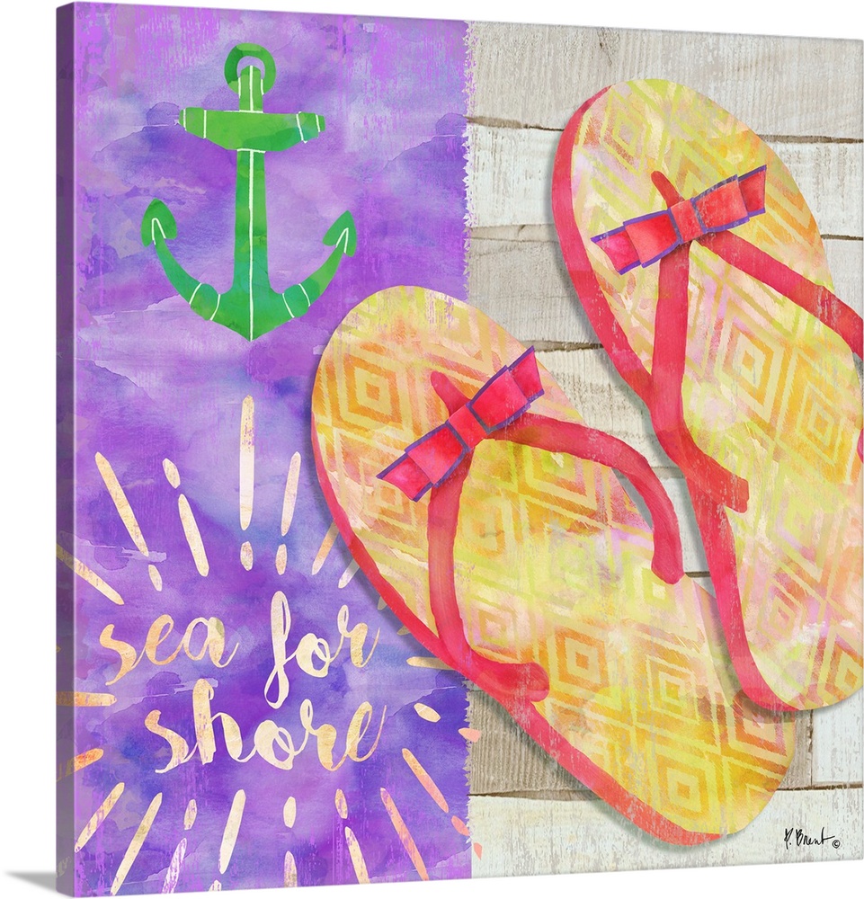Square Summer decor with flip flops, an anchor, and "sea for shore" written at the bottom.