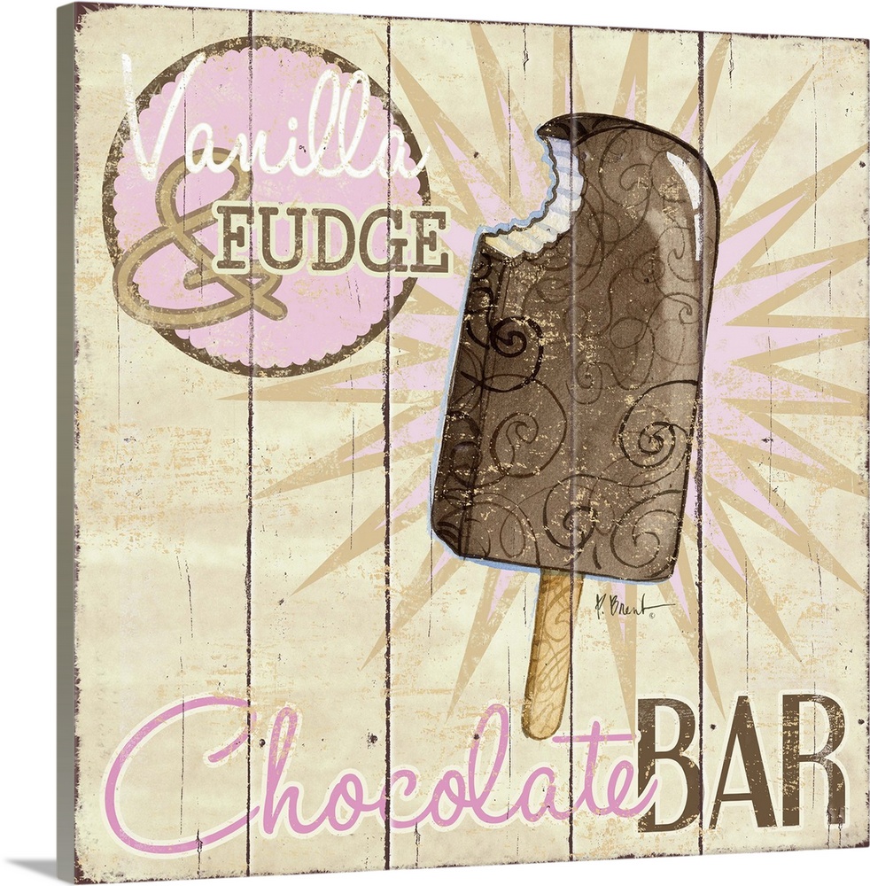 A vintage ice cream shop sign featuring a chocolate bar.