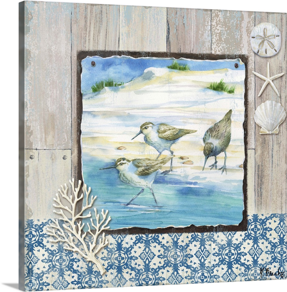 Square beach decor with sandpipers and seashells in blue and brown tones.
