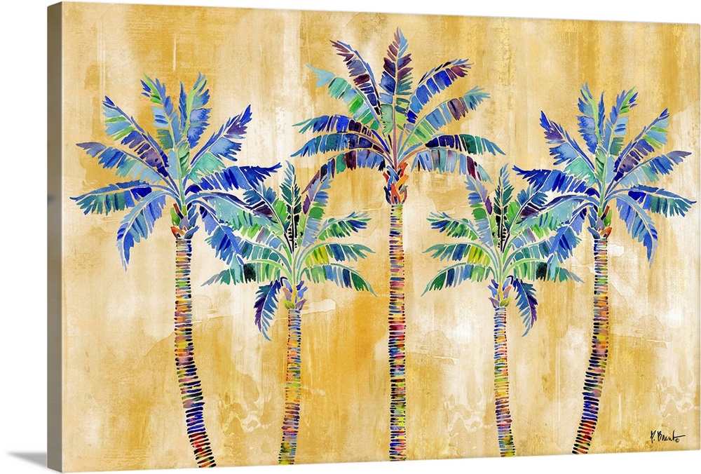 Watercolor palm trees on a gold background.