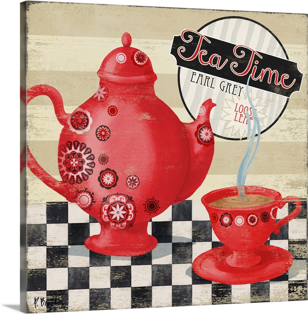 A red tea kettle and cup filled with steaming hot tea on checkerboard.