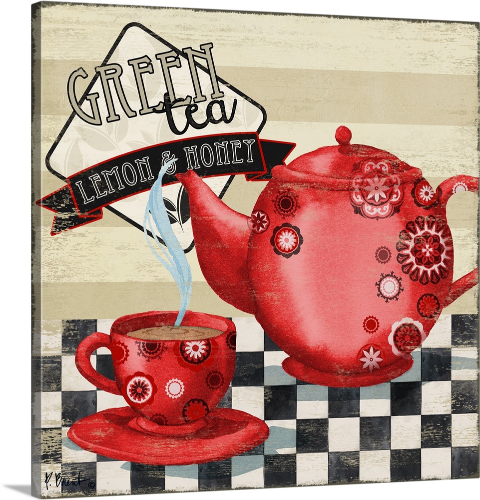 A red tea kettle and cup filled with steaming hot tea on checkerboard.