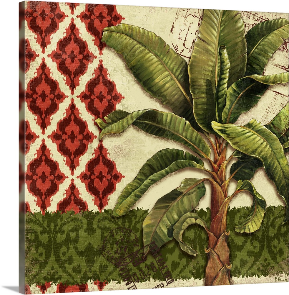 Decorative panel of a palm tree on mixed print patterns with post marks.