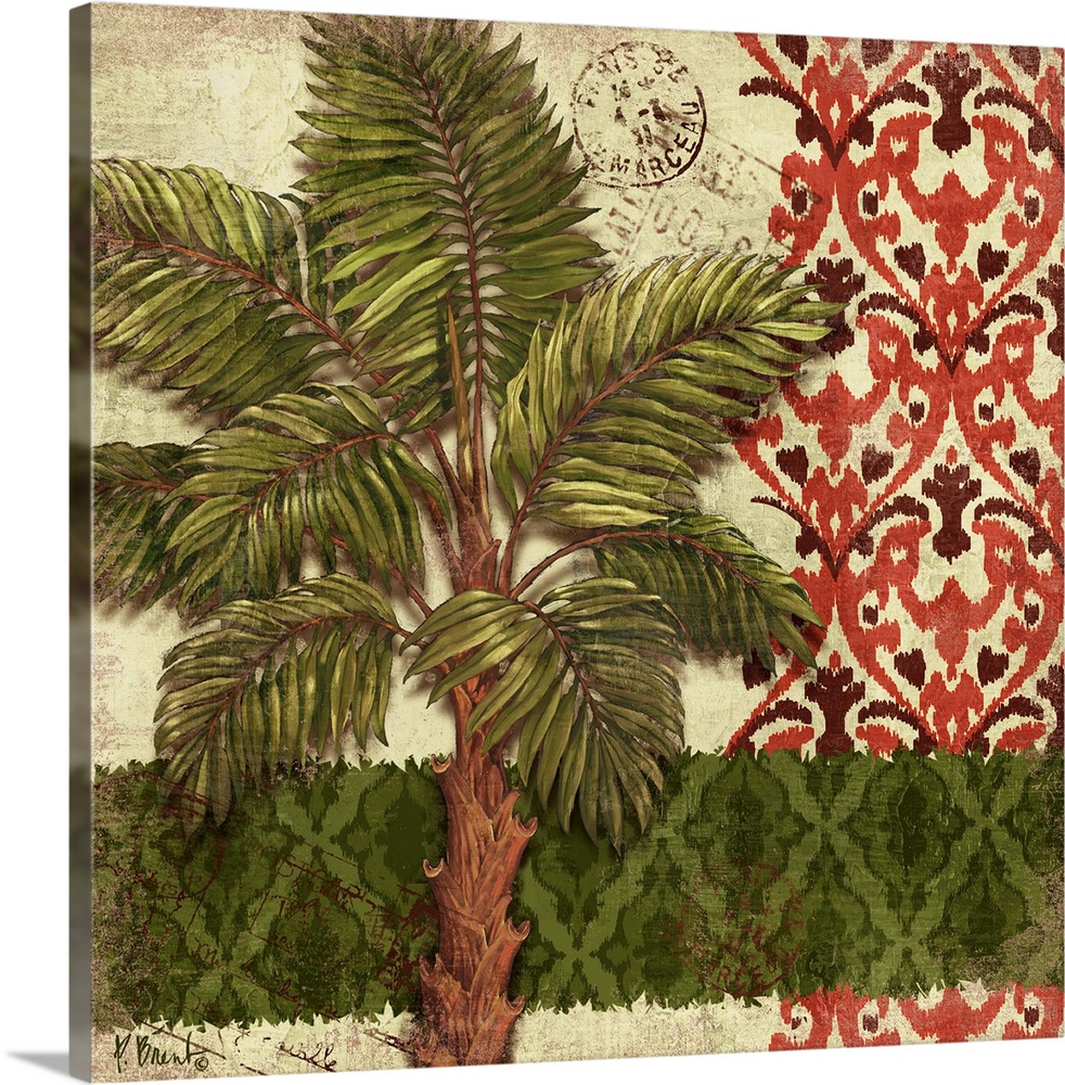 Decorative panel of a palm tree on mixed print patterns with post marks.
