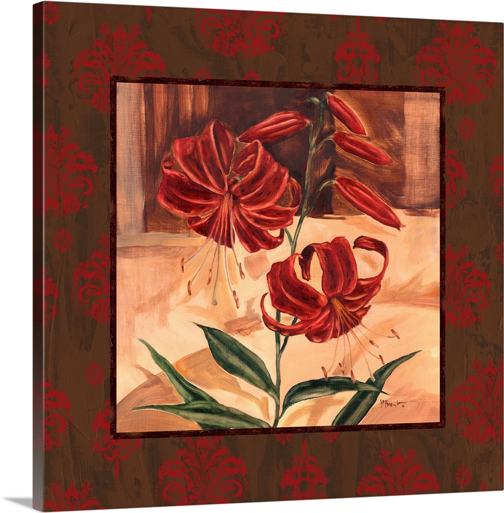 Square painting of tiger lilies and buds with a border of damask-style flowers.
