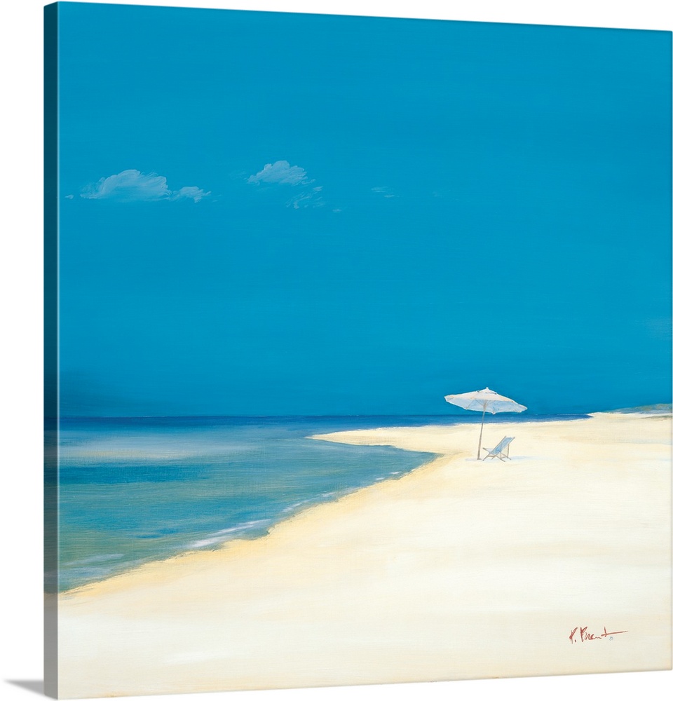 Contemporary painting of an empty beach with only a chair and an umbrella.