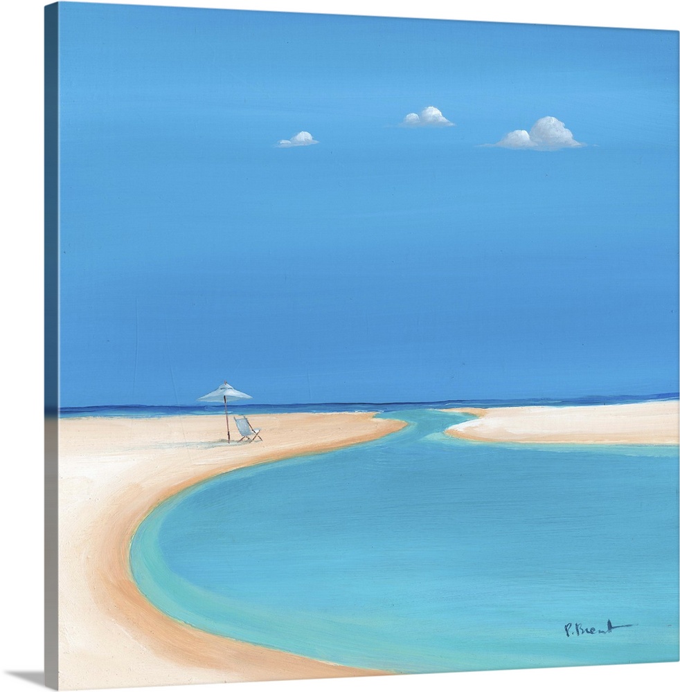 Serene painting of calm, tropical beach with sandy shores and clear blue water.
