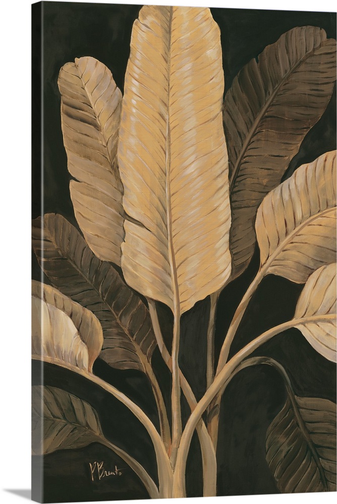 Sepia-toned painting of broad palm leaves.